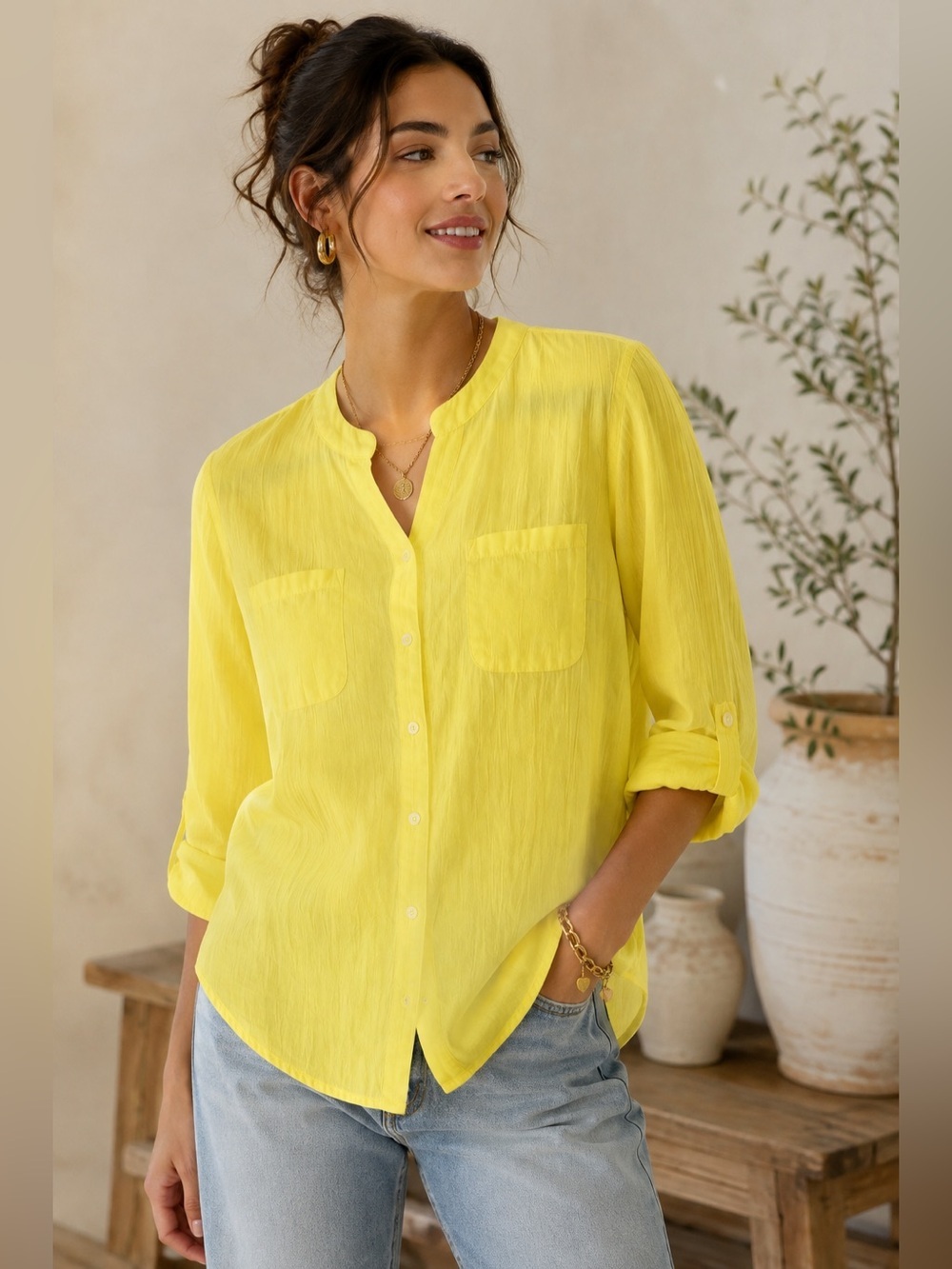 Talbots Petites Lemon Yellow Cotton Gauze Button Front Shirt Blouse Large Petite
